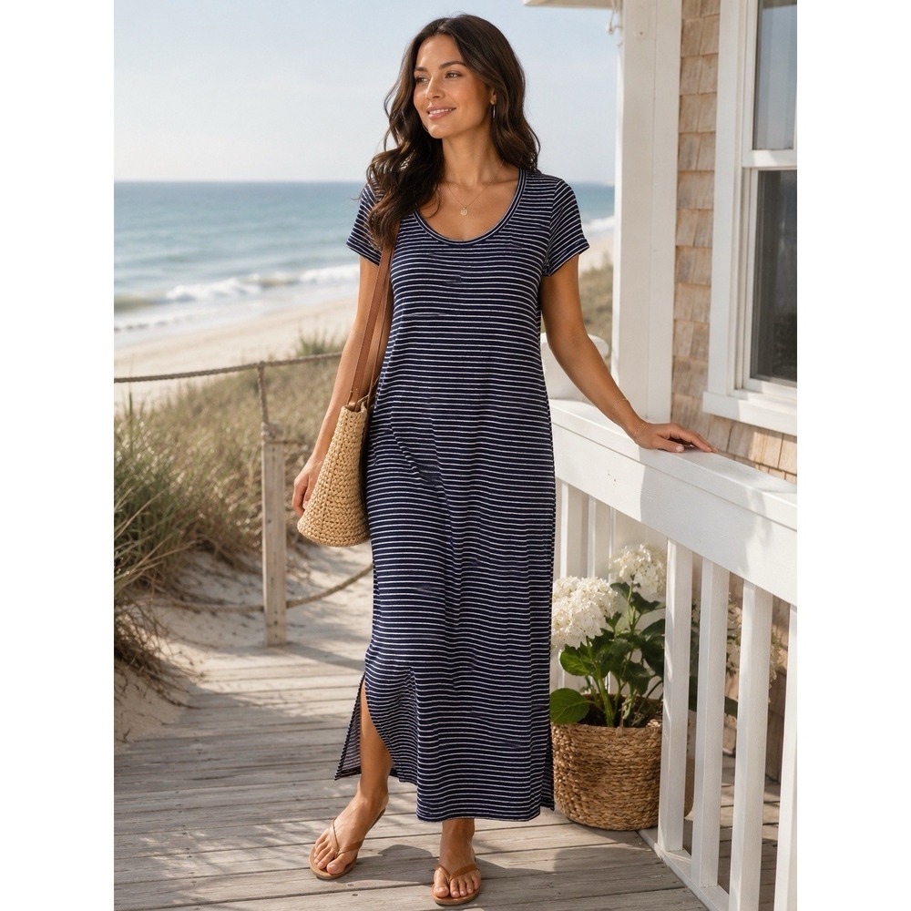Old Navy Striped Maxi T Shirt Dress M Linen Blend Coastal Preppy Casual Beach
